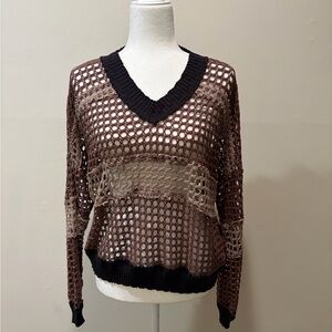 Pete Collection Brown Black Crochet Long Sleeve V-Neck Sweater